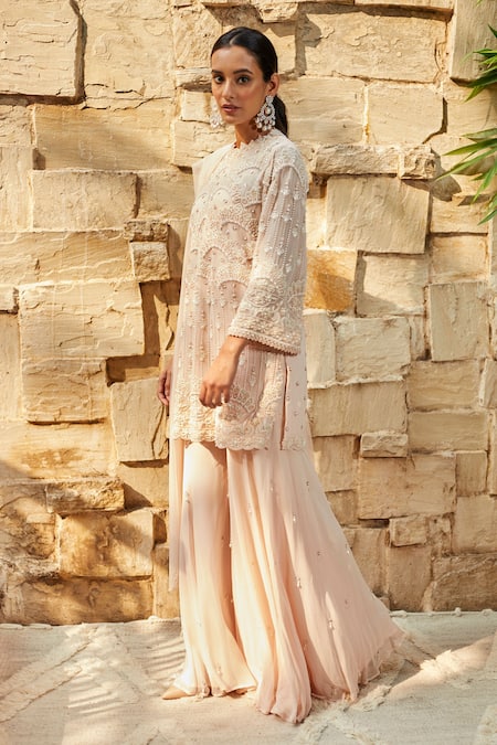 J By Jannat_Pink Net, Georgette, Shantoon Lining Bead Hand Embroidered Kurta Sharara Set _Online_at_Aza_Fashions