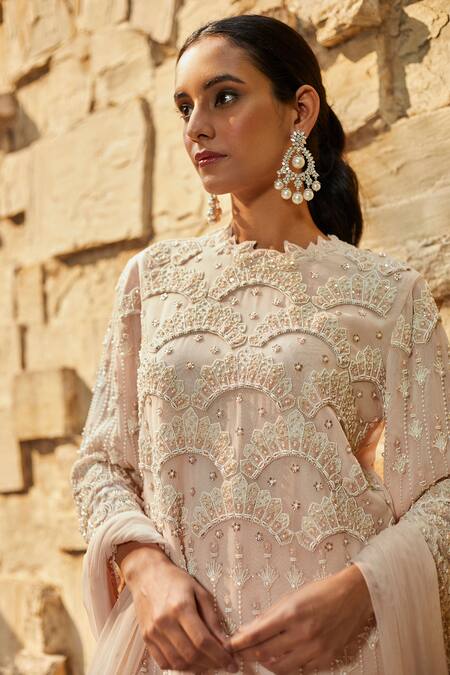 Buy_J By Jannat_Pink Net, Georgette, Shantoon Lining Bead Hand Embroidered Kurta Sharara Set _Online_at_Aza_Fashions