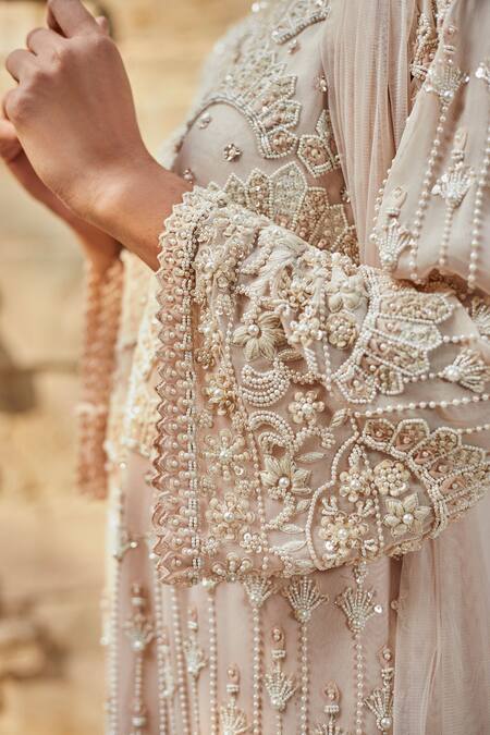 J By Jannat_Pink Net, Georgette, Shantoon Lining Bead Hand Embroidered Kurta Sharara Set _at_Aza_Fashions