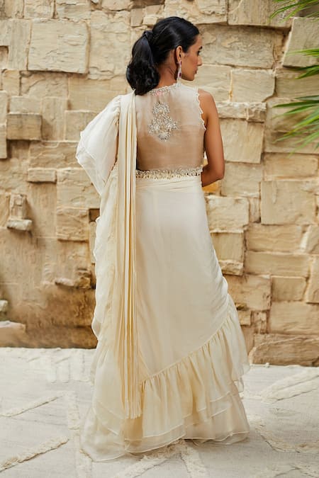 Shop_J By Jannat_White Organza, Shantoon, Satin Chiffon Bead Ruffle Pre-draped Saree With Blouse _at_Aza_Fashions