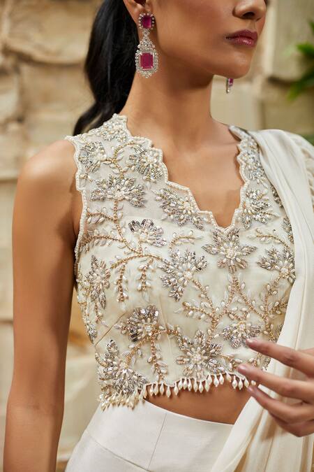 Buy_J By Jannat_White Organza, Shantoon, Satin Chiffon Bead Ruffle Pre-draped Saree With Blouse _Online_at_Aza_Fashions