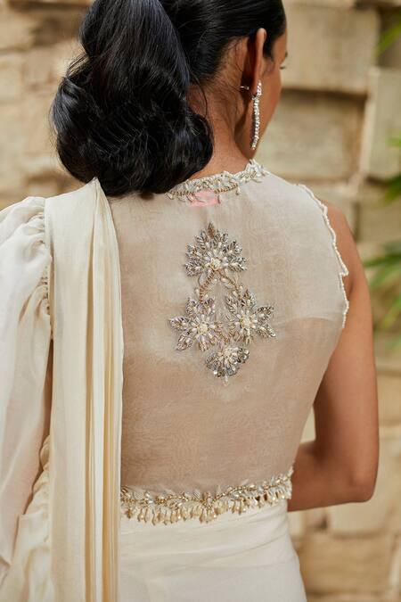Shop_J By Jannat_White Organza, Shantoon, Satin Chiffon Bead Ruffle Pre-draped Saree With Blouse _Online_at_Aza_Fashions