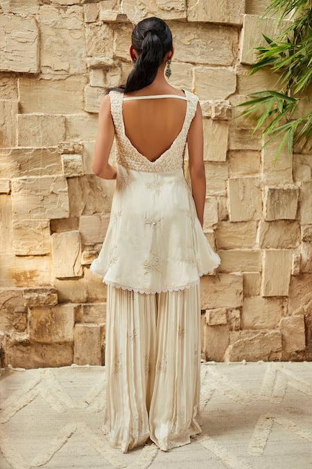 Shop_J By Jannat_White Crepe, Organza Shantoon Lining Bead Hand Embroidered Kurta Sharara Set _at_Aza_Fashions