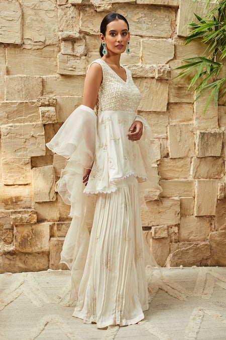 J By Jannat_White Crepe, Organza Shantoon Lining Bead Hand Embroidered Kurta Sharara Set _Online_at_Aza_Fashions