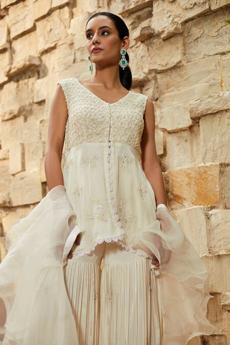 Buy_J By Jannat_White Crepe, Organza Shantoon Lining Bead Hand Embroidered Kurta Sharara Set _Online_at_Aza_Fashions