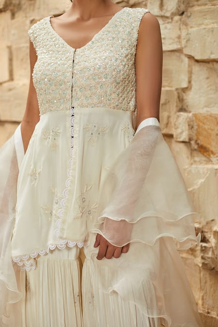 Shop_J By Jannat_White Crepe, Organza Shantoon Lining Bead Hand Embroidered Kurta Sharara Set _Online_at_Aza_Fashions