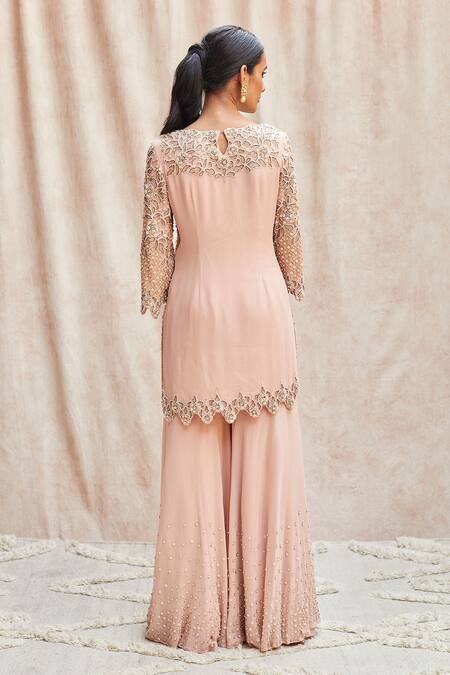 Shop_J By Jannat_Pink Net, Georgette, Shantoon Lining Bead Hand Embroidered Kurta Sharara Set _at_Aza_Fashions
