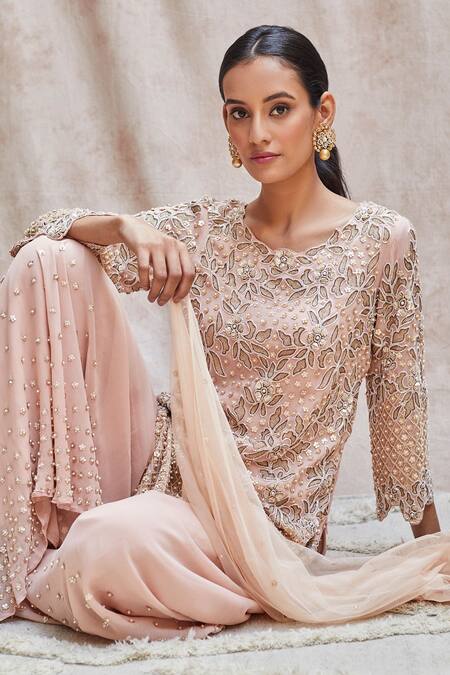 Buy_J By Jannat_Pink Net, Georgette, Shantoon Lining Bead Hand Embroidered Kurta Sharara Set _Online_at_Aza_Fashions