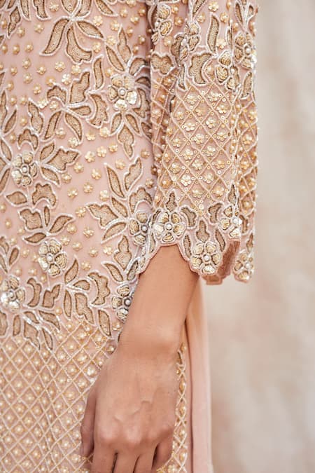 Shop_J By Jannat_Pink Net, Georgette, Shantoon Lining Bead Hand Embroidered Kurta Sharara Set _Online_at_Aza_Fashions
