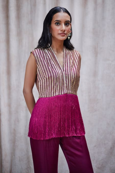 Buy_J By Jannat_Purple Modal Satin, Shantoon Bead Work Hand Embroidered Fringe Tunic And Pant Set _Online_at_Aza_Fashions