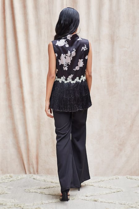 Shop_J By Jannat_Black Satin Hand Embroidered Bead Floral Print Fringe Tunic And Pant Set  _at_Aza_Fashions