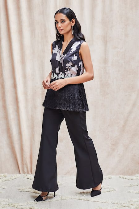 J By Jannat_Black Satin Hand Embroidered Bead Floral Print Fringe Tunic And Pant Set  _Online_at_Aza_Fashions