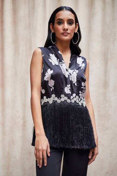 Buy_J By Jannat_Black Satin Hand Embroidered Bead Floral Print Fringe Tunic And Pant Set  _Online_at_Aza_Fashions