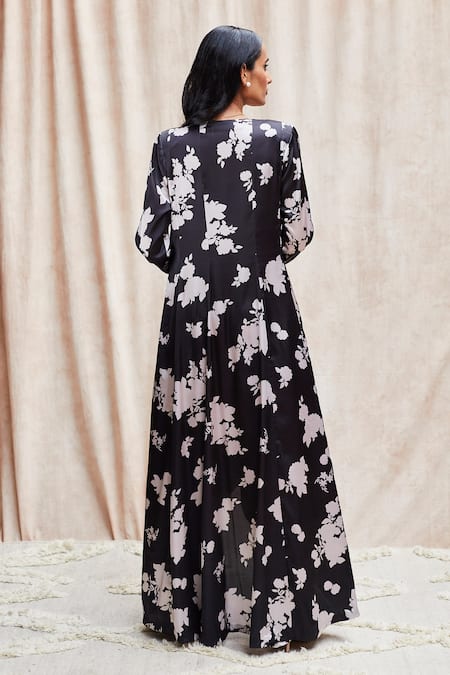 Shop_J By Jannat_Black Satin, Shantoon Lining Bead Work, Floral, Sequins Print Jacket Sharara Set _at_Aza_Fashions