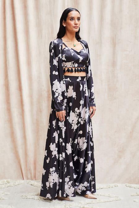 Buy_J By Jannat_Black Satin, Shantoon Lining Bead Work, Floral, Sequins Print Jacket Sharara Set _Online_at_Aza_Fashions