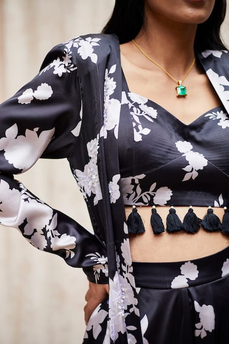 Shop_J By Jannat_Black Satin, Shantoon Lining Bead Work, Floral, Sequins Print Jacket Sharara Set _Online_at_Aza_Fashions