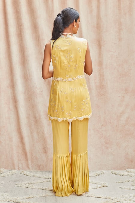 Shop_J By Jannat_Yellow Modal Satin, Shantoon Bead Work, Sequins Round Jacket Sharara Set _at_Aza_Fashions