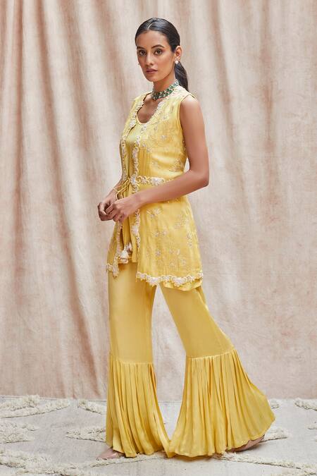J By Jannat_Yellow Modal Satin, Shantoon Bead Work, Sequins Round Jacket Sharara Set _Online_at_Aza_Fashions