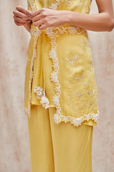 Buy_J By Jannat_Yellow Modal Satin, Shantoon Bead Work, Sequins Round Jacket Sharara Set _Online_at_Aza_Fashions