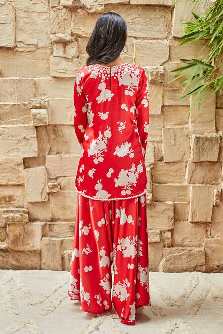 Shop_J By Jannat_Red Satin Hand Embroidered Bead Floral Print Kurta And Draped Pant Set  _at_Aza_Fashions
