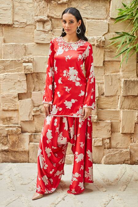 J By Jannat_Red Satin Hand Embroidered Bead Floral Print Kurta And Draped Pant Set  _Online_at_Aza_Fashions