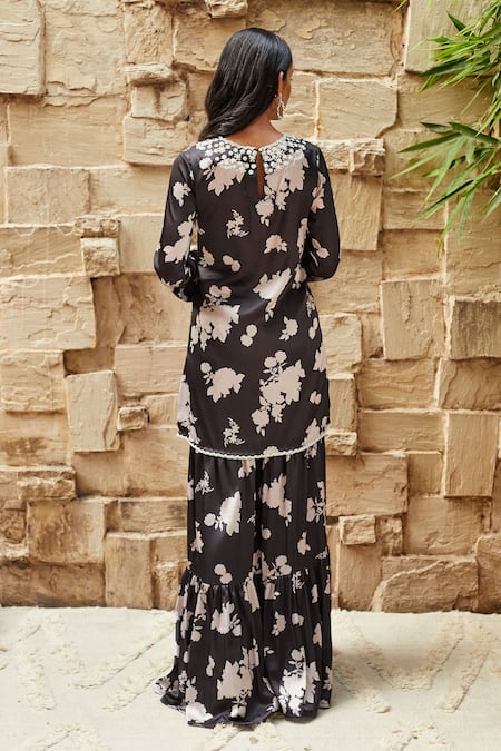 Shop_J By Jannat_Black Satin Hand Embroidered Bead Floral Print Kurta And Sharara Set  _at_Aza_Fashions