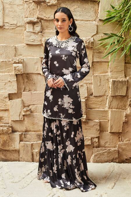 J By Jannat_Black Satin Hand Embroidered Bead Floral Print Kurta And Sharara Set  _Online_at_Aza_Fashions