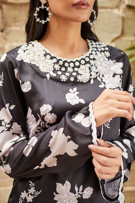 Buy_J By Jannat_Black Satin Hand Embroidered Bead Floral Print Kurta And Sharara Set  _Online_at_Aza_Fashions