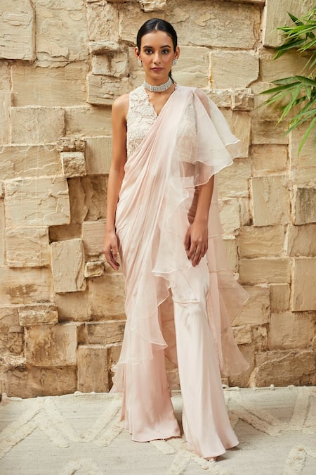 J by Jannat Pink Crepe Hand Ruffle Pre-draped Sharara Saree With Blouse  