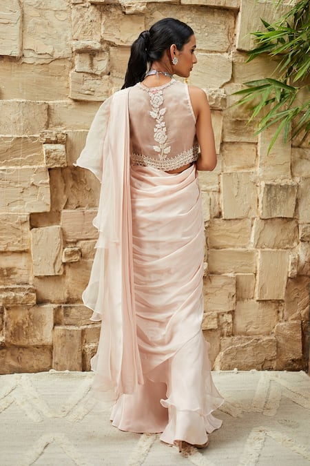 Shop_J By Jannat_Pink Crepe, Organza Shantoon Lining Ruffle Pre-draped Sharara Saree With Blouse _at_Aza_Fashions