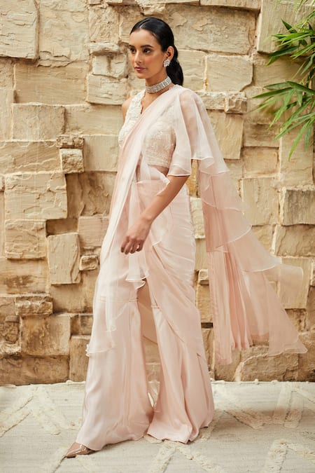 J By Jannat_Pink Crepe, Organza Shantoon Lining Ruffle Pre-draped Sharara Saree With Blouse _Online_at_Aza_Fashions