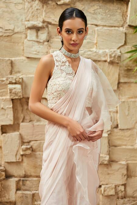 Buy_J By Jannat_Pink Crepe, Organza Shantoon Lining Ruffle Pre-draped Sharara Saree With Blouse _Online_at_Aza_Fashions