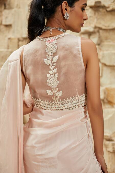 Shop_J By Jannat_Pink Crepe, Organza Shantoon Lining Ruffle Pre-draped Sharara Saree With Blouse _Online_at_Aza_Fashions