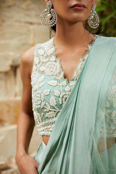 Shop J By Jannat Green Crepe, Organza Shantoon Lining Ruffle Pre-draped Palazzo Saree With Blouse Online at Aza Fashions Shop_J By Jannat_Green Crepe, Organza Shantoon Lining Ruffle Pre-draped Palazzo Saree With Blouse _Online_at_Aza_Fashions