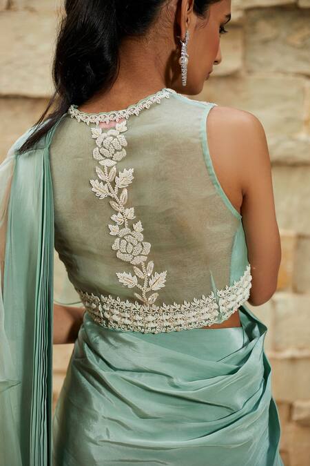 J By Jannat Green Crepe, Organza Shantoon Lining Ruffle Pre-draped Palazzo Saree With Blouse at Aza Fashions J By Jannat_Green Crepe, Organza Shantoon Lining Ruffle Pre-draped Palazzo Saree With Blouse _at_Aza_Fashions