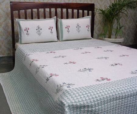 Cocobee Grey Cotton Block Print Gardenia Hand Quilted Bedspread Of 3