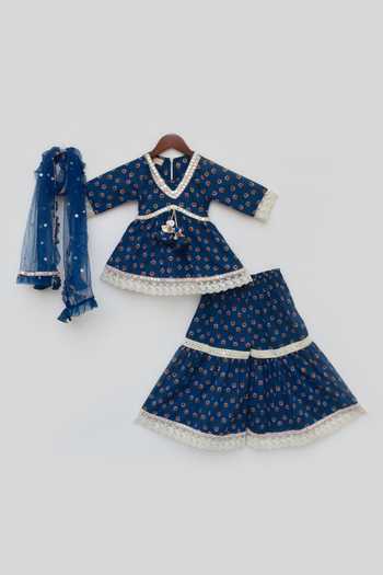 FAYON KIDS_Blue Cotton, Net Lace Floral Print Kurta Sharara Set _Online_at_Aza_Fashions