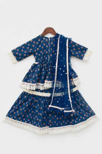 Shop_FAYON KIDS_Blue Cotton, Net Lace Floral Print Kurta Sharara Set _Online_at_Aza_Fashions