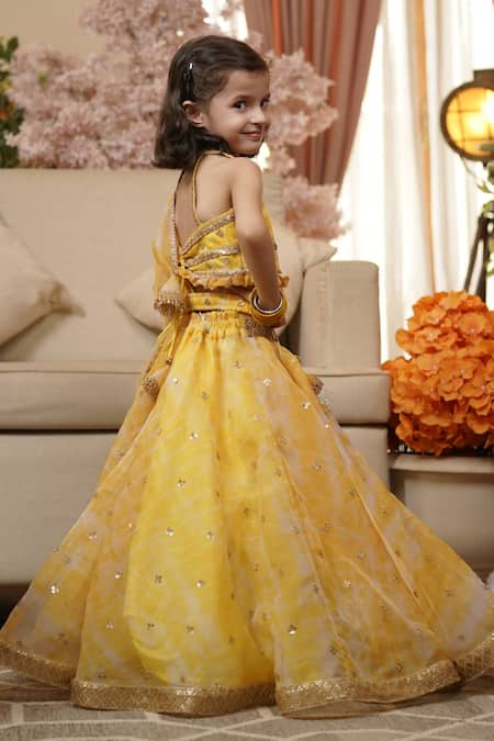 Shop_Fayon Kids_Yellow Organza Tassels Printed Lehenga Set _at_Aza_Fashions