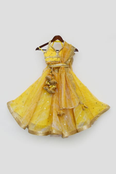 Fayon Kids_Yellow Organza Tassels Printed Lehenga Set _Online_at_Aza_Fashions