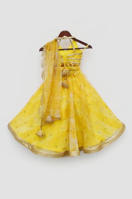 Buy_Fayon Kids_Yellow Organza Tassels Printed Lehenga Set _Online_at_Aza_Fashions