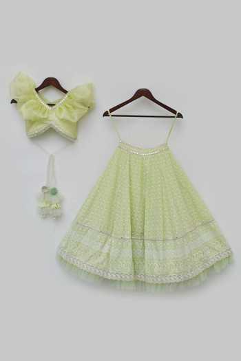 Fayon Kids_Green Cotton Embroidery, Sequins Ruffle Choli And Lehenga Set _Online_at_Aza_Fashions