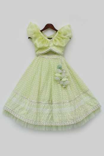 Buy_Fayon Kids_Green Cotton Embroidery, Sequins Ruffle Choli And Lehenga Set _Online_at_Aza_Fashions