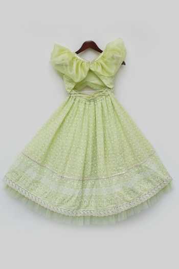Shop_Fayon Kids_Green Cotton Embroidery, Sequins Ruffle Choli And Lehenga Set _Online_at_Aza_Fashions