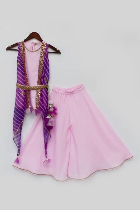 Fayon Kids_Pink Crepe Tassels, Embroidery Asymmetric Kurta And Sharara Set _Online_at_Aza_Fashions