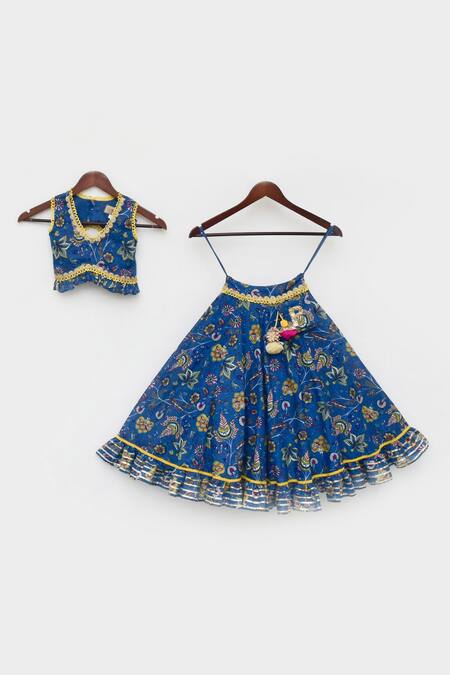 Fayon Kids_Blue Cotton Cut Work, Embroidery Floral Print Lehenga And Choli Set _Online_at_Aza_Fashions