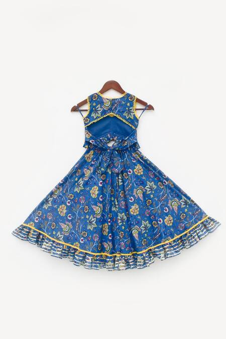 Shop_Fayon Kids_Blue Cotton Cut Work, Embroidery Floral Print Lehenga And Choli Set _Online_at_Aza_Fashions