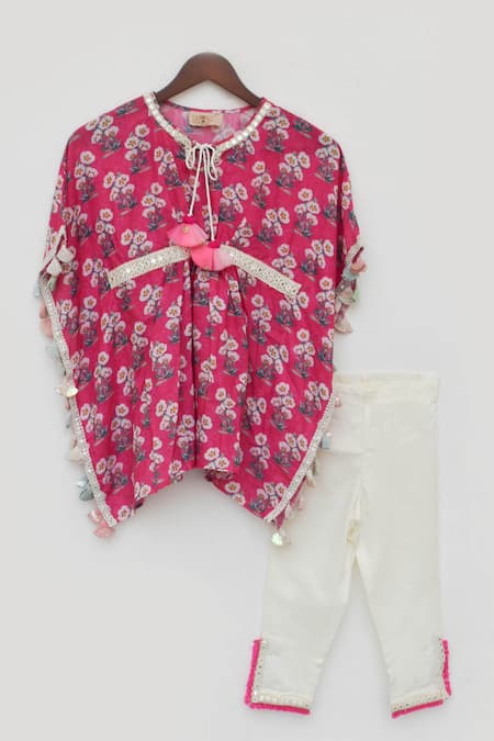 Fayon Kids_Pink , Satin Tassels Floral Print Kaftan And Pant Set _Online_at_Aza_Fashions