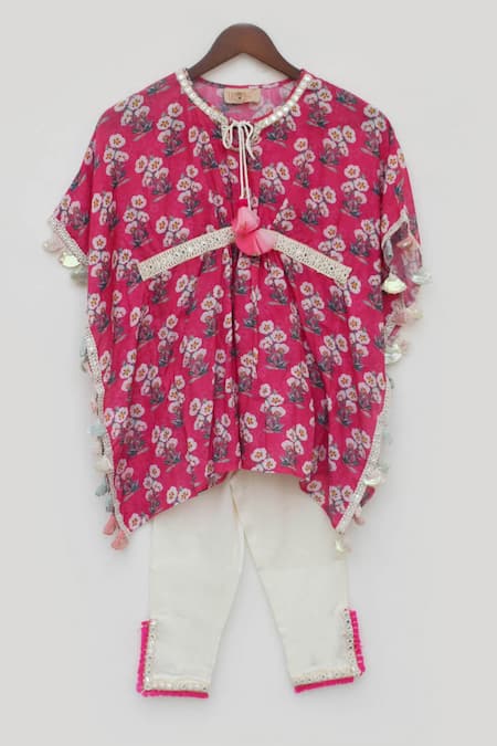 Buy_Fayon Kids_Pink , Satin Tassels Floral Print Kaftan And Pant Set _Online_at_Aza_Fashions