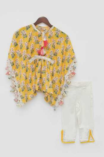 FAYON KIDS Yellow , Satin Tassels, Embroidery Floral Print Kaftan And Pant Set Online at Aza Fashions FAYON KIDS_Yellow , Satin Tassels, Embroidery Floral Print Kaftan And Pant Set _Online_at_Aza_Fashions